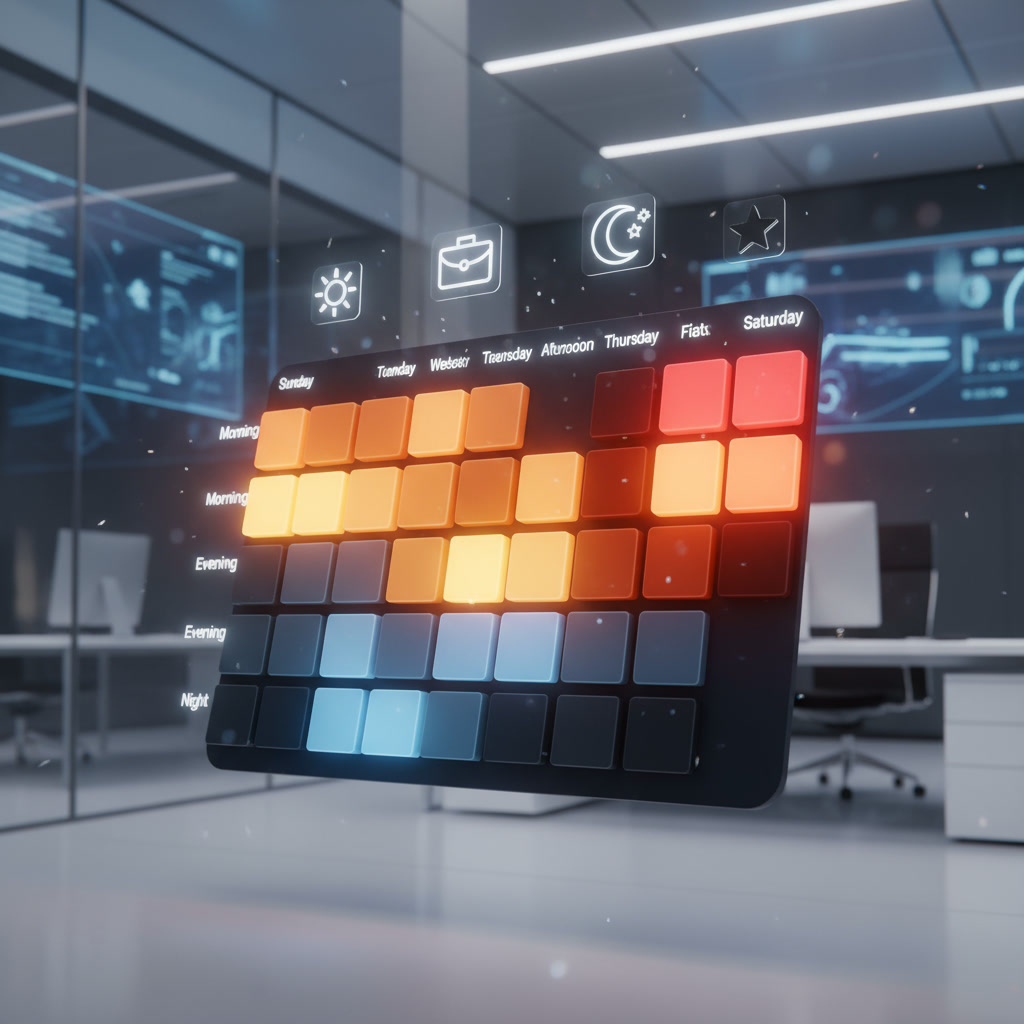 gemini-2.5-flash-image_a_lush_3d_render_of_modern_data_visualization_a_sleek_heatmap_calendar_for_a_wee-0 A data heatmap visualizing the best and worst days to post on YouTube.