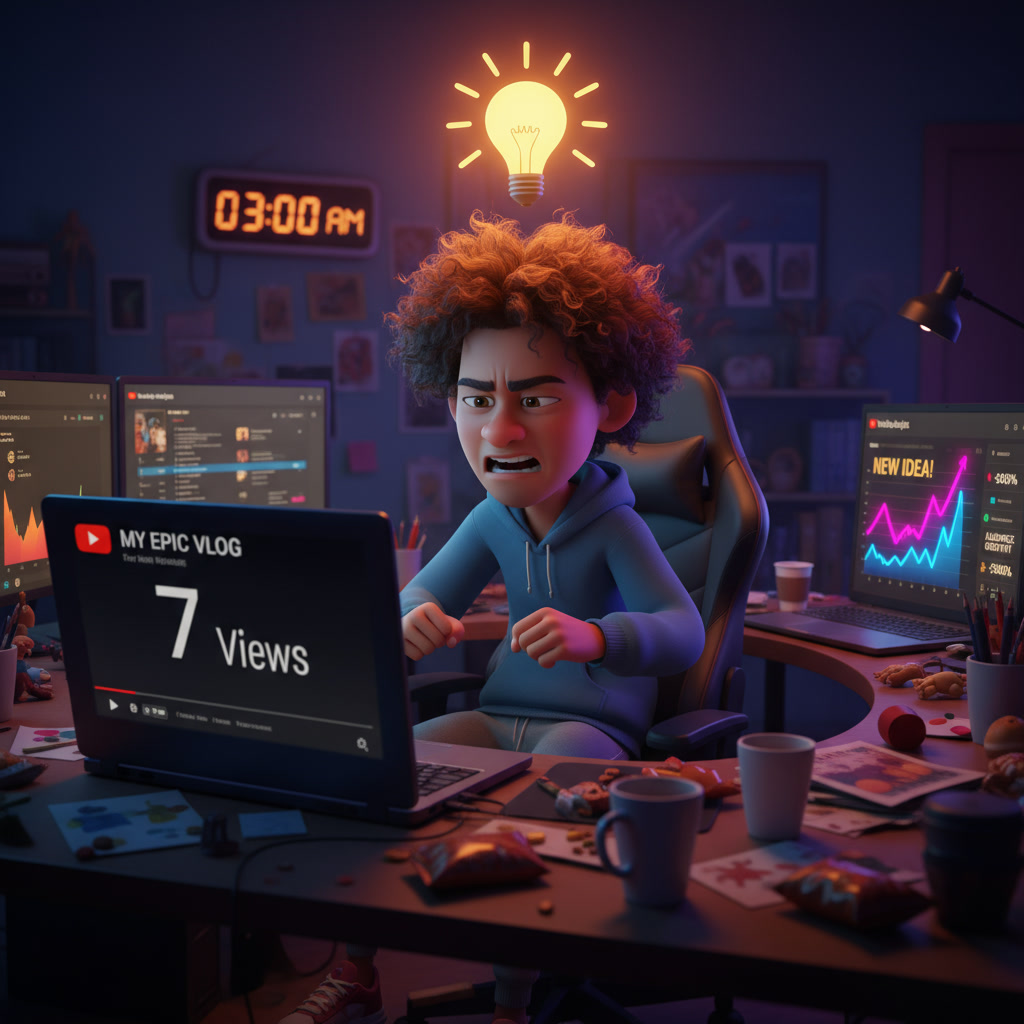 gemini-2.5-flash-image_a_lush_3d_render_of_photorealistic_a_diverse_YouTube_content_creator_sitting_at_-0 A frustrated YouTube creator has an breakthrough idea about using analytics that represent the Best Time to Post on YouTube